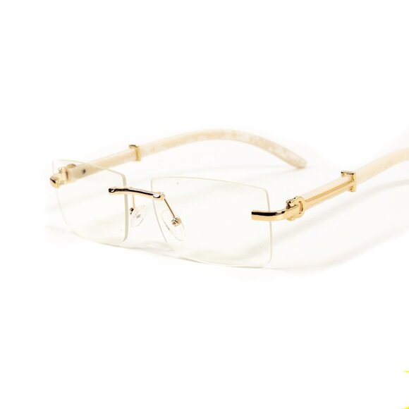 White Arm Rimless Clear Lens Square Gold Frame Unisex Rectangle Hip Hop Glasses - Picture 4 of 6